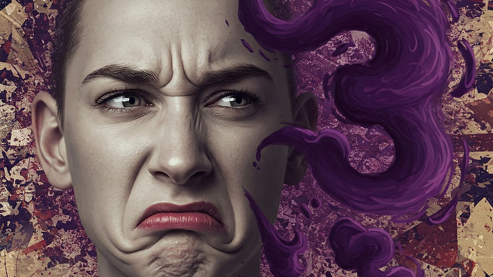 A person with a disgusted expression, furrowed brow, and frown. Purple smoke swirls on a textured, abstract background.