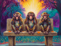 Three colorful monkeys sit on a bench in a glowing forest, covering eyes, ears, and mouth beneath a radiant sunrise.