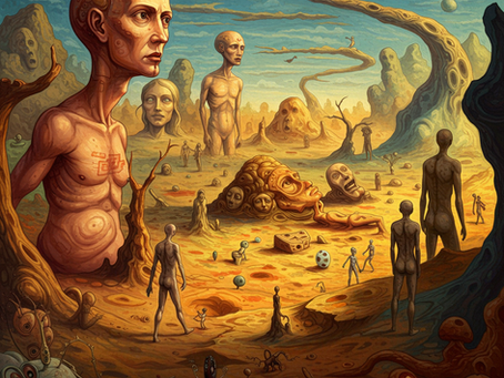 In a surreal landscape, elongated figures and disembodied heads rise from barren terrain, surrounded by enigmatic objects and winding paths, evoking a dreamlike exploration of the subconscious.