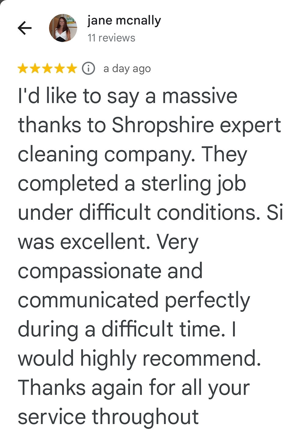 Testimonial from the customer thanking us for our communication and compassion at a difficult time.