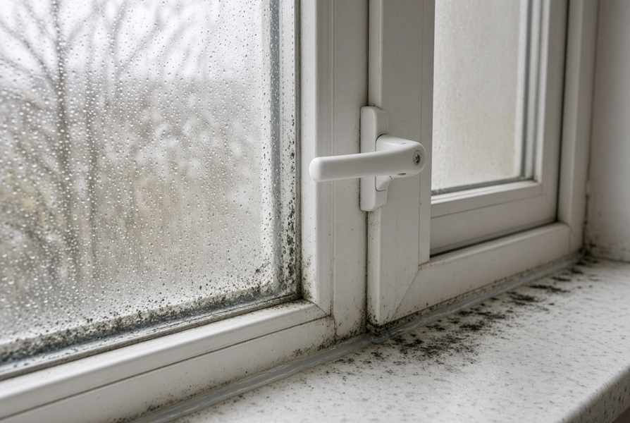 Condensation mould on a Dudley bathroom window frame and sill