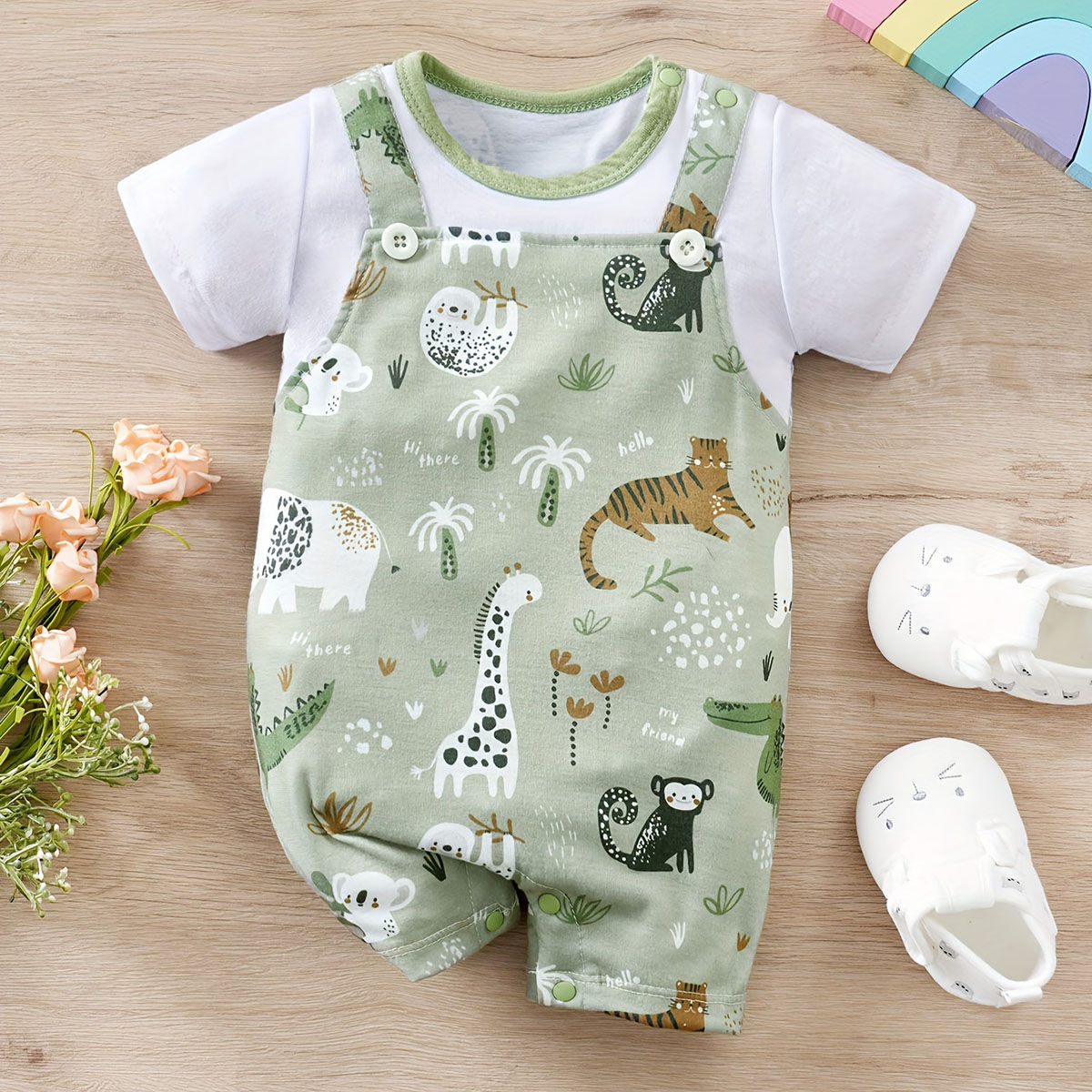 IURNXB Adorable Infant Zoo Animal Print Romper for Boy Newborn Baby Faux Two-Pie