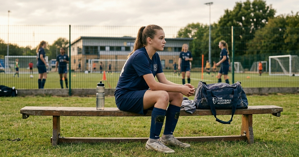 A teenage athlete sitting quietly on the edge of a sports pitch, looking reflective, with sports kit and kit bag nearby, conveying the emotional weight of high-performance sport