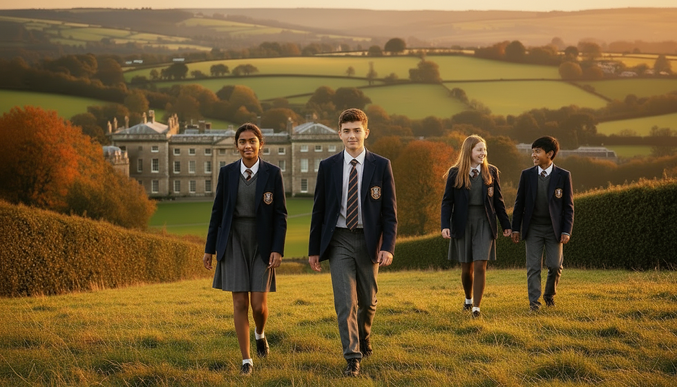 A group of four young people in traditional independent school uniforms walking confidently across a grassy field at sunset in a prestigious educational setting. The rolling green hills are visible in the background under a warm, golden sky, representing the supportive community and academic excellence of independent school life.