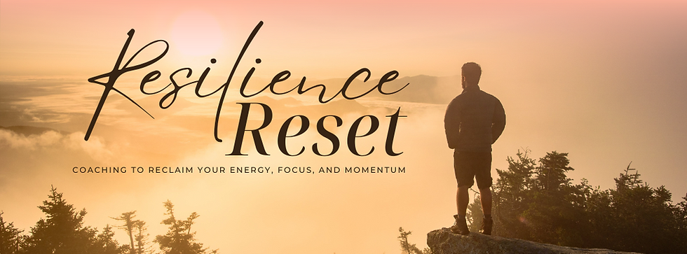 Man out walking stands and overlooks a sunrise on a cliff edge with the words resilience reset - coaching to reclaim your energy, focus and momentum