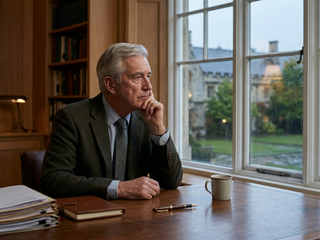 A professional photograph of a thoughtful senior leader, seated alone at a desk looking out over the grounds of an independent school. 