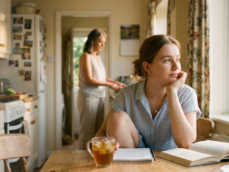 Teenager sitting quietly at home during summer holidays, readjusting after returning from boarding school