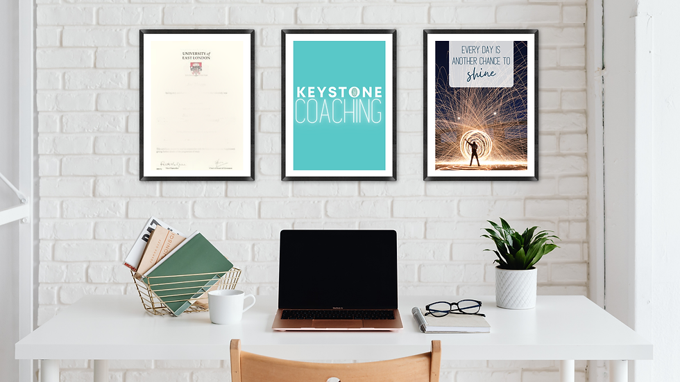 Clean minimalist home office desk with photos on the white brick wall of a masters degree certificate, Keystone Coaching logo and a photo of someone swirling a sparkler captioned every day is another chance to shine
