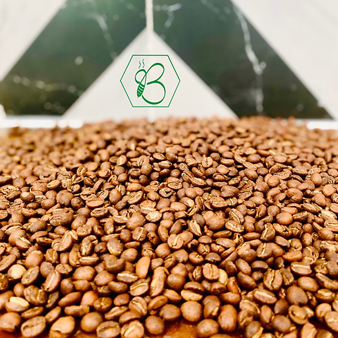 Close-up of roasted coffee beans, with The Buzz Coffee branding.