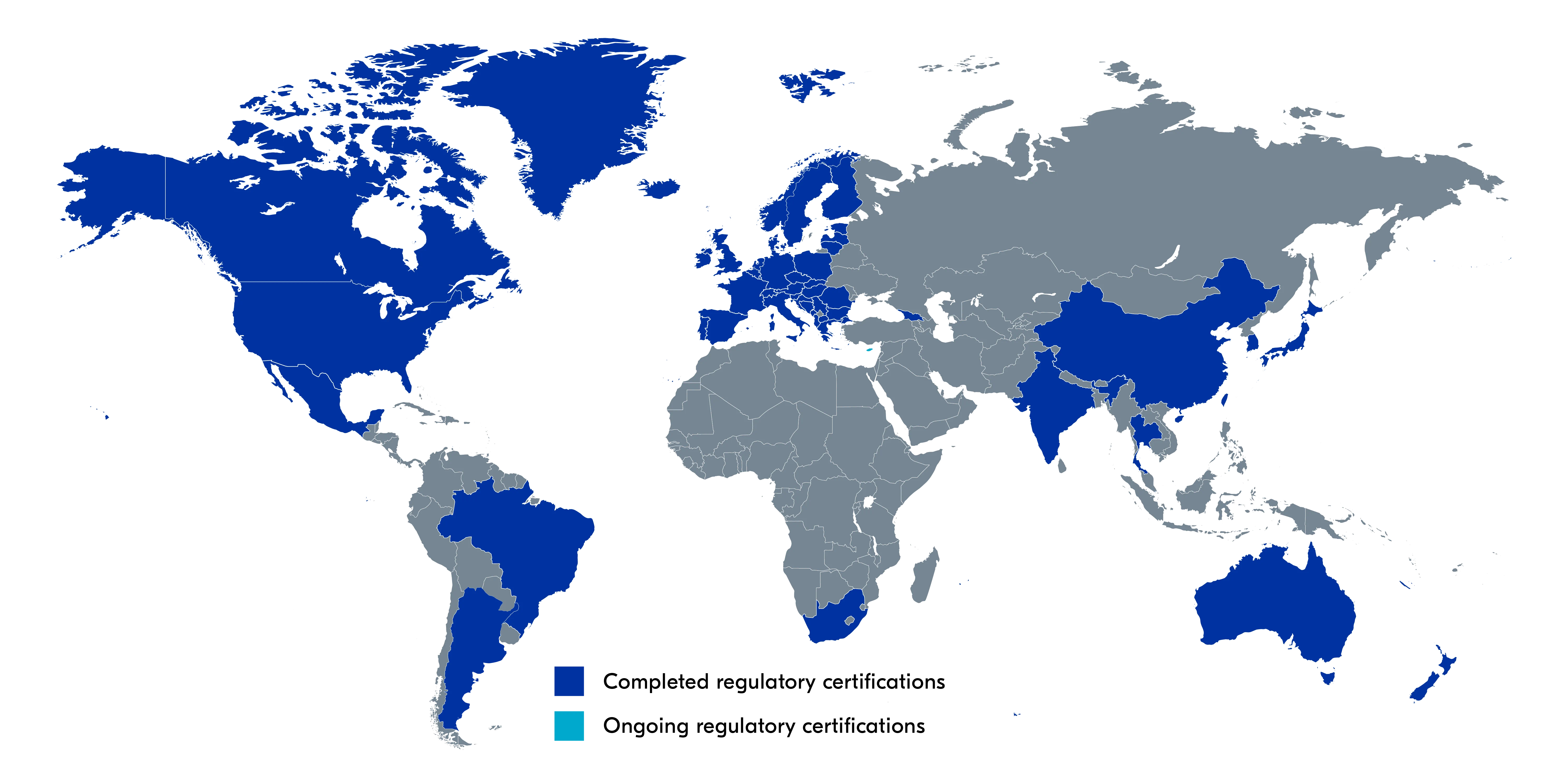 The map  shows completed and ongoing regulatory certifications for the nRF9160 Revision 1 (SIxA-B0) all over the world.