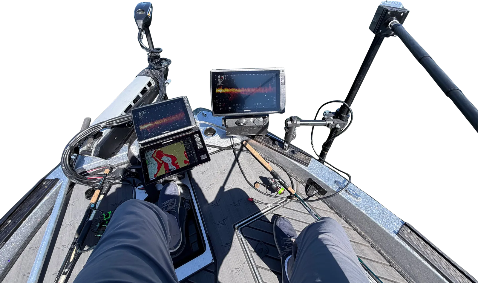 Standing on the Vexus bow casting deck — Garmin LiveScope screens running live imaging
