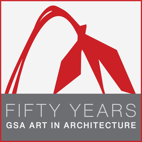 Logo for GSA AiA, using Caulder's Flamingo as an illustrated icon, and reverse text in a bottom grey bar.