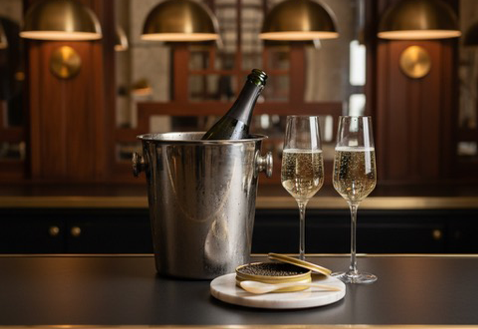 Champagne and caviar service at Twent's