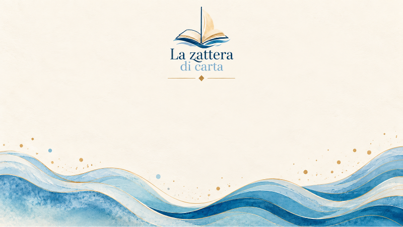 Una barca a vela a forma di libro naviga su onde azzurre ad acquerello, immagine del progetto La Zattera di Carta.