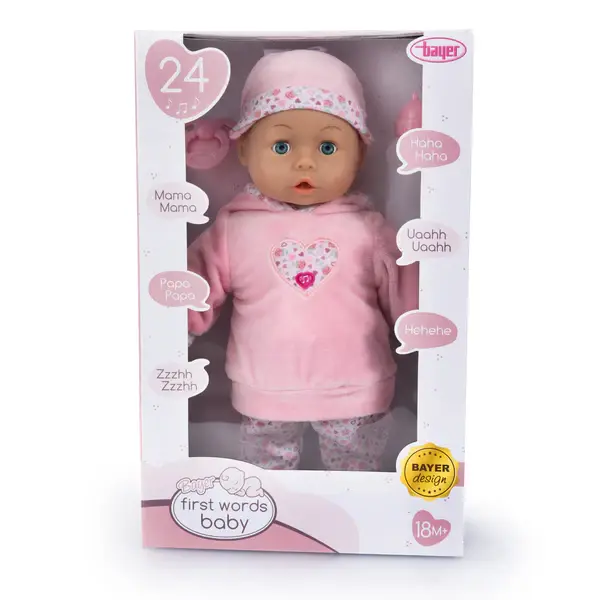 BAYER FIRST WORDS BABY DOLL WITH SOUND, DUMMY AND BOTTLE(PINK) 38cm TALL