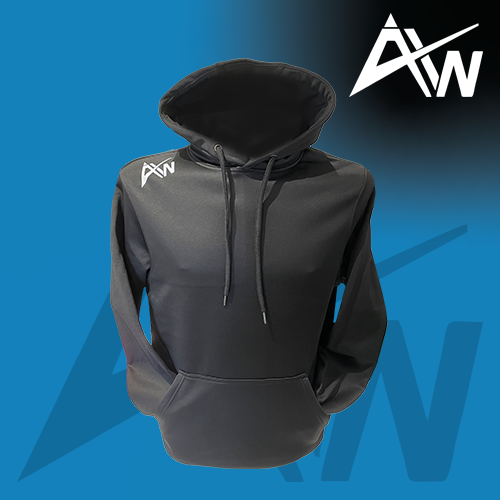 Photo of ActivWear Pro black hoodie on blue background and white ActivWear AW logo in top right corner