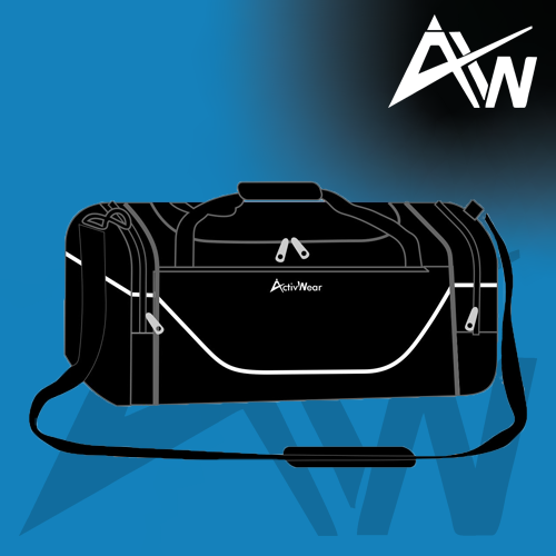 Illustration of front of black WKC Duffle bag on blue background and white ActivWear AW logo in top right corner