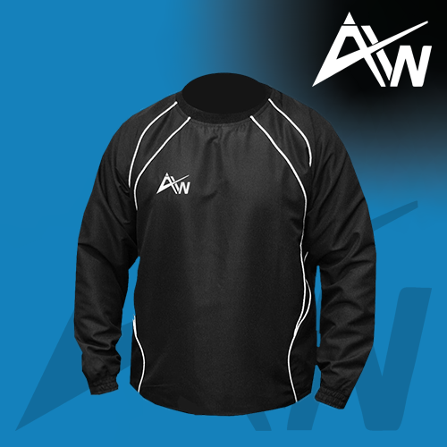 Photo of ActivWear Pro black training top on blue background and white ActivWear AW logo in top right corner
