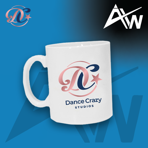 Photo of White Dance Crazy Mug on blue background and white ActivWear AW logo in top right corner