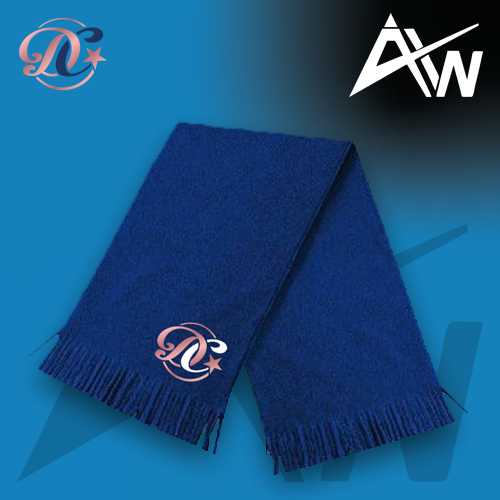 Photo of Navy Dance Crazy Scarf on blue background and white ActivWear AW logo in top right corner