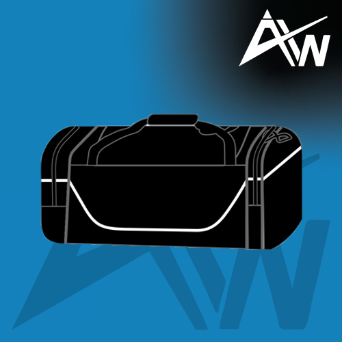 Illustration of back of black WKC Duffle bag on blue background and white ActivWear AW logo in top right corner
