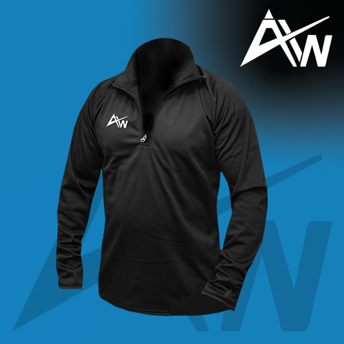 Photo of ActivWear Pro black 1/4 zip top on blue background and white ActivWear AW logo in top right corner