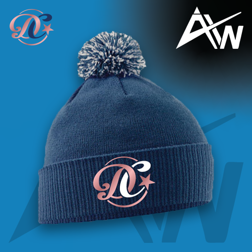 Photo of Navy Dance Crazy Bobble Hat on blue background and white ActivWear AW logo in top right corner
