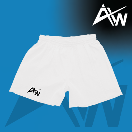 Photo of ActivWear Pro white shorts on blue background and white ActivWear AW logo in top right corner