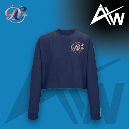 Photo of Navy cropped Dance Crazy top on blue background and white ActivWear AW logo in top right corner