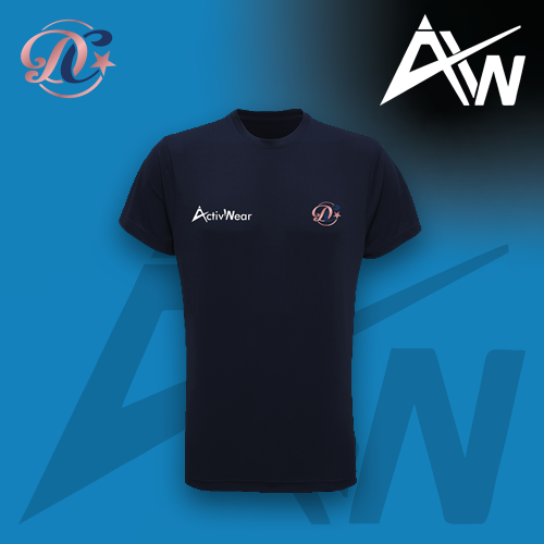 Photo of Navy Dance Crazy ActivWear tech top on blue background and white ActivWear AW logo in top right corner