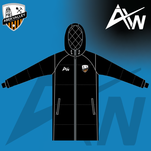 Illustration of front of black Aber Valley coat on blue background and white ActivWear AW logo in top right corner