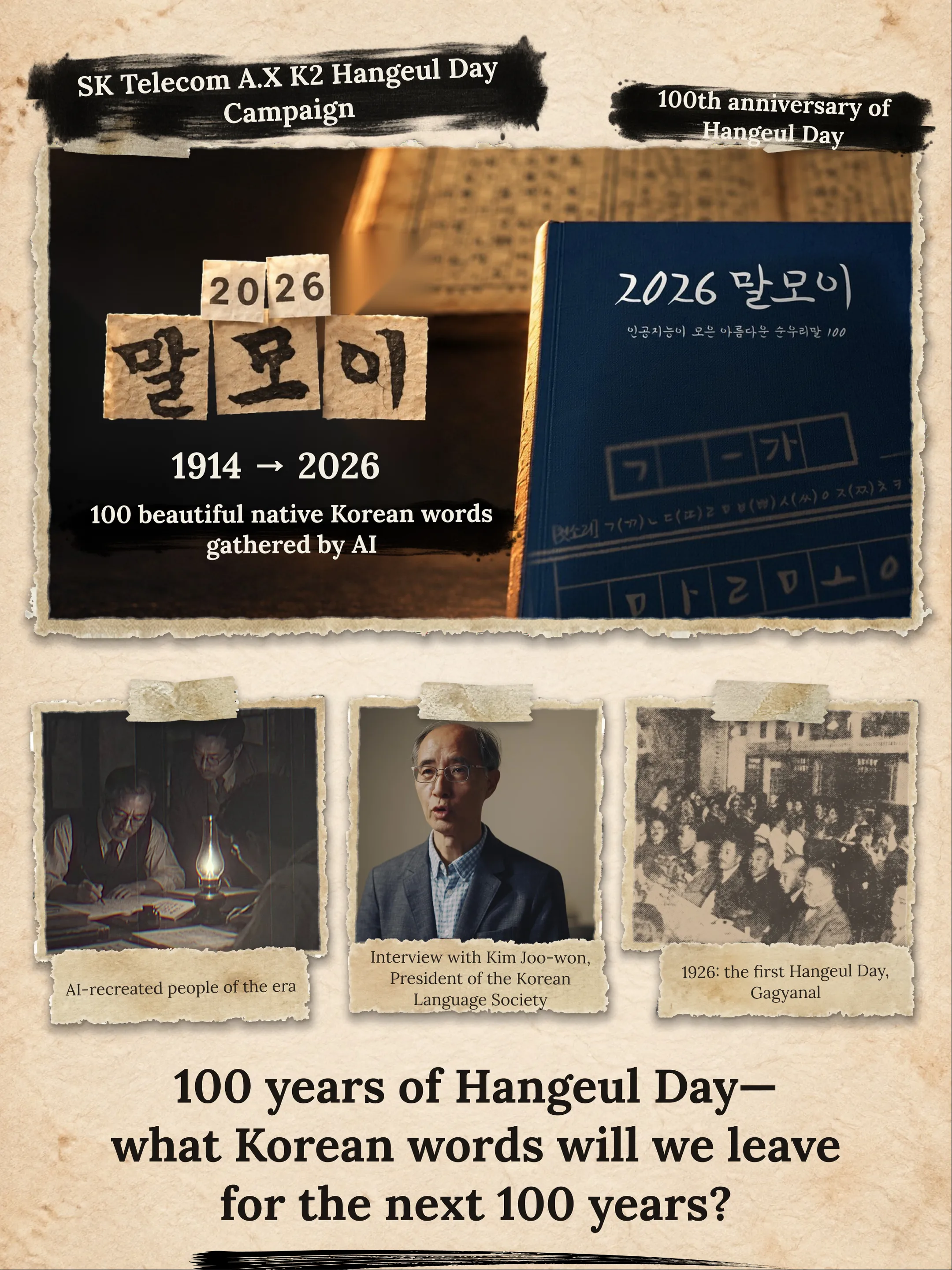 SK Telecom A.X K2 Hangeul Day Campaign / 100th anniversary of Hangeul Day / 2026 Malmoi 1914 → 2026 / 100 beautiful native Korean words gathered by AI / AI-recreated people of the era / Interview with Kim Joo-won, President of the Korean Language Society / 1926: the first Hangeul Day, Gagyanal / 100 years of Hangeul Day— what Korean words will we leave for the next 100 years?