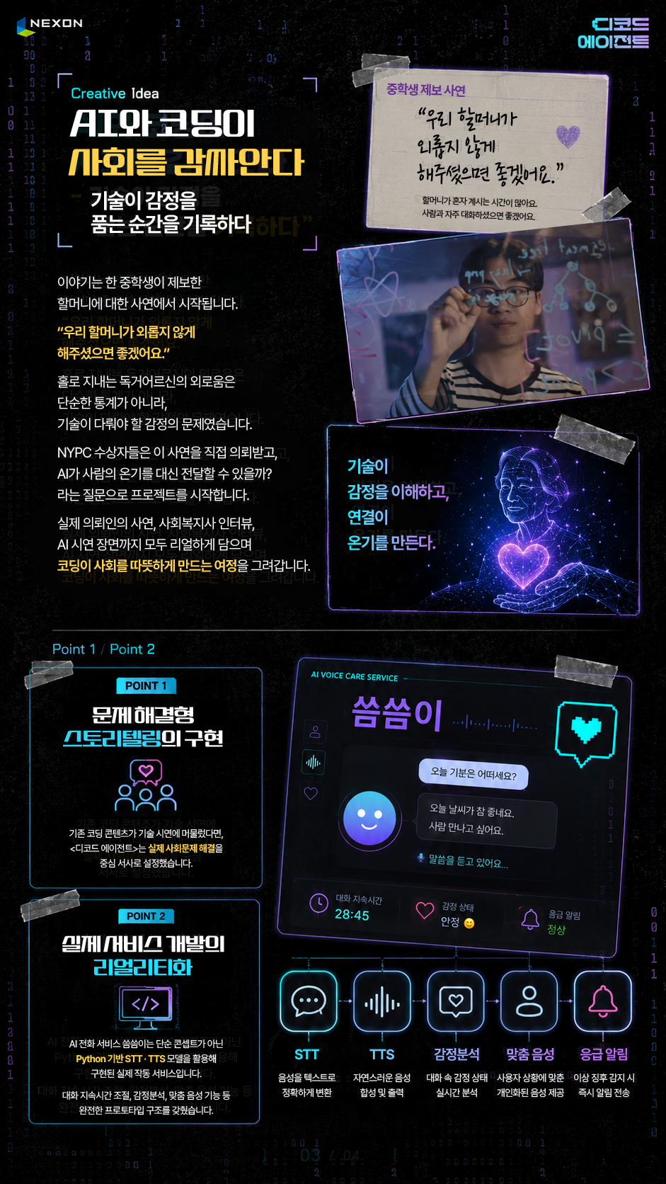 NEXON 디코드 에이전트 Creative Idea AI와 코딩이 사회를 감싸안다 기술이 감정을 품는 순간을 기록하다 이야기는 한 중학생이 제보한 할머니에 대한 사연에서 시작됩니다. “우리 할머니가 외롭지 않게 해주