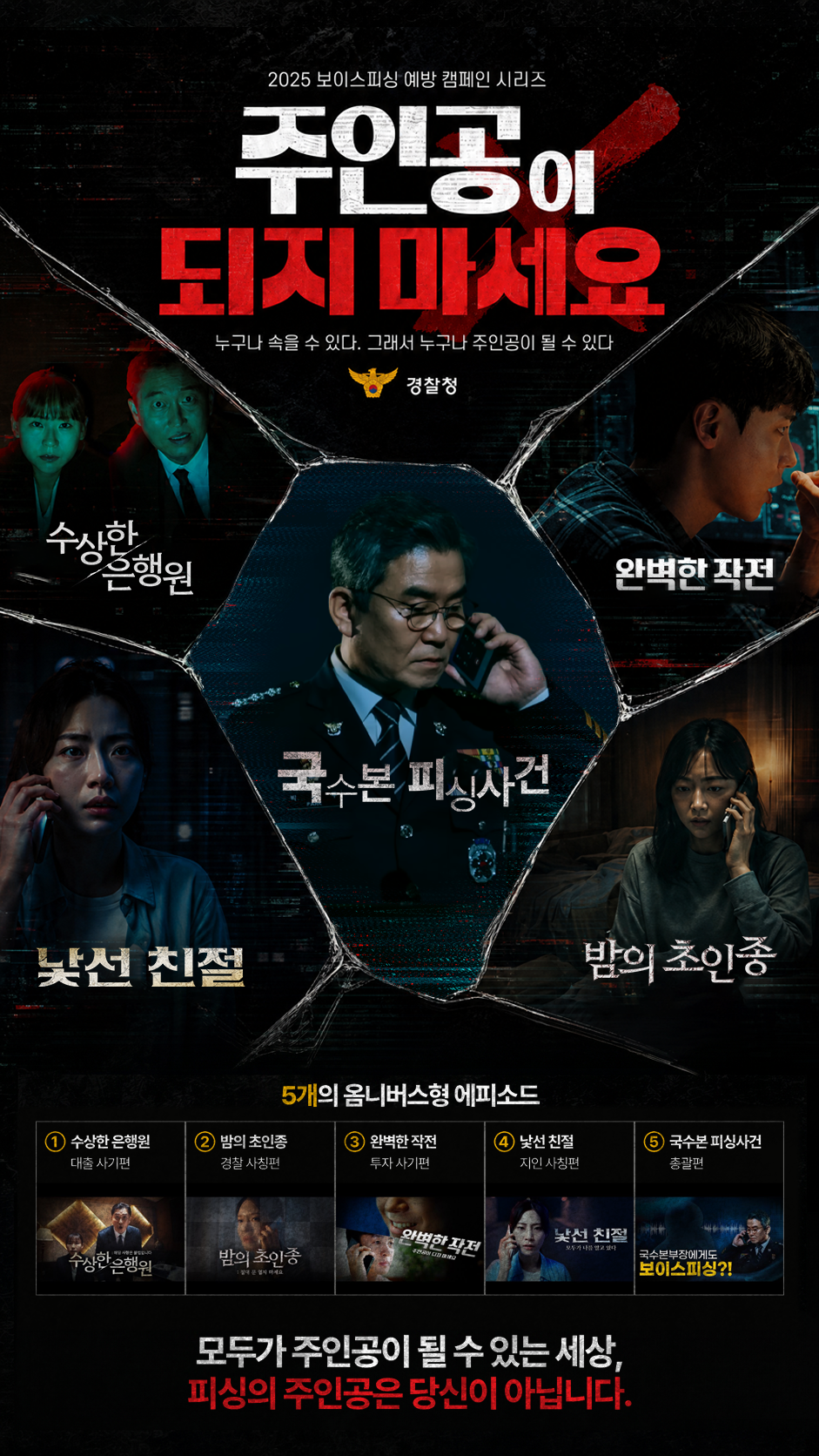 2025 보이스피싱 예방 캠페인 시리즈 주인공이 되지마세요 누구나 속을 수 있다. 그래서 누구나 주인공이 될 수 있다 경찰청 수상한 은행원 완벽한 작전 낯선 친절 밤의 초인종 국수본 피싱사건 5개의 옴니버스형 에피소