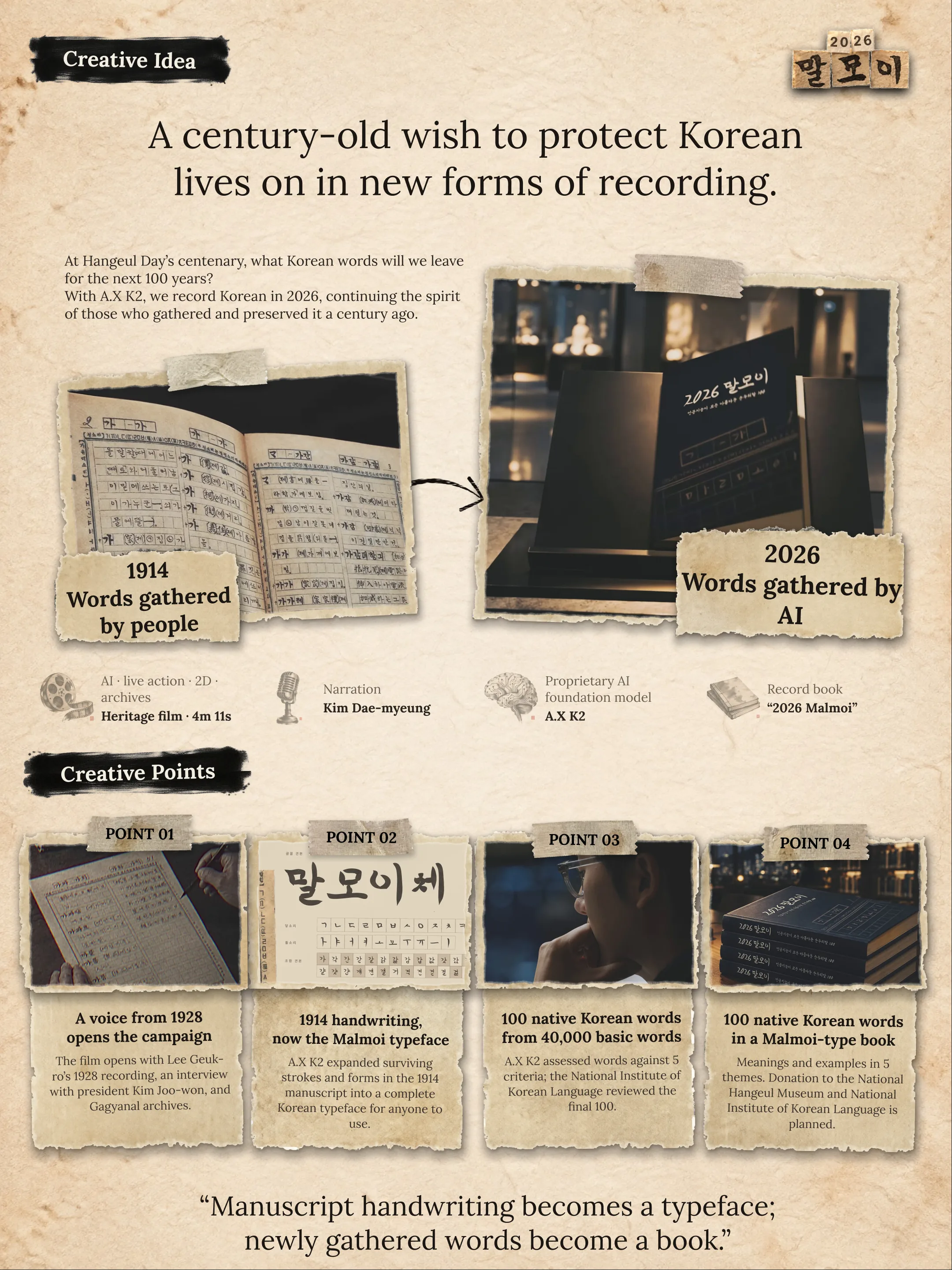 Creative Idea: A century-old wish to protect Korean lives on in new forms of recording. / At Hangeul Day’s centenary, what Korean words will we leave for the next 100 years? With A.X K2, we record Korean in 2026, continuing the spirit of those who gathered and preserved it a century ago. / 2026 Words gathered by AI · 1914 Words gathered by people / Heritage film 4m 11s (AI · live action · 2D · archives), narration by Kim Dae-myeung, proprietary AI foundation model A.X K2, record book “2026 Malmoi” / Creative Points / POINT 01 A voice from 1928 opens the campaign: The film opens with Lee Geuk-ro’s 1928 recording, an interview with president Kim Joo-won, and Gagyanal archives. / POINT 02 1914 handwriting, now the Malmoi typeface: A.X K2 expanded surviving strokes and forms in the 1914 manuscript into a complete Korean typeface for anyone to use. / POINT 03 100 native Korean words from 40,000 basic words: A.X K2 assessed words against 5 criteria; the National Institute of Korean Language reviewed the final 100. / POINT 04 100 native Korean words in a Malmoi-type book: Meanings and examples in 5 themes. Donation to the National Hangeul Museum and National Institute of Korean Language is planned. / “Manuscript handwriting becomes a typeface; newly gathered words become a book.”