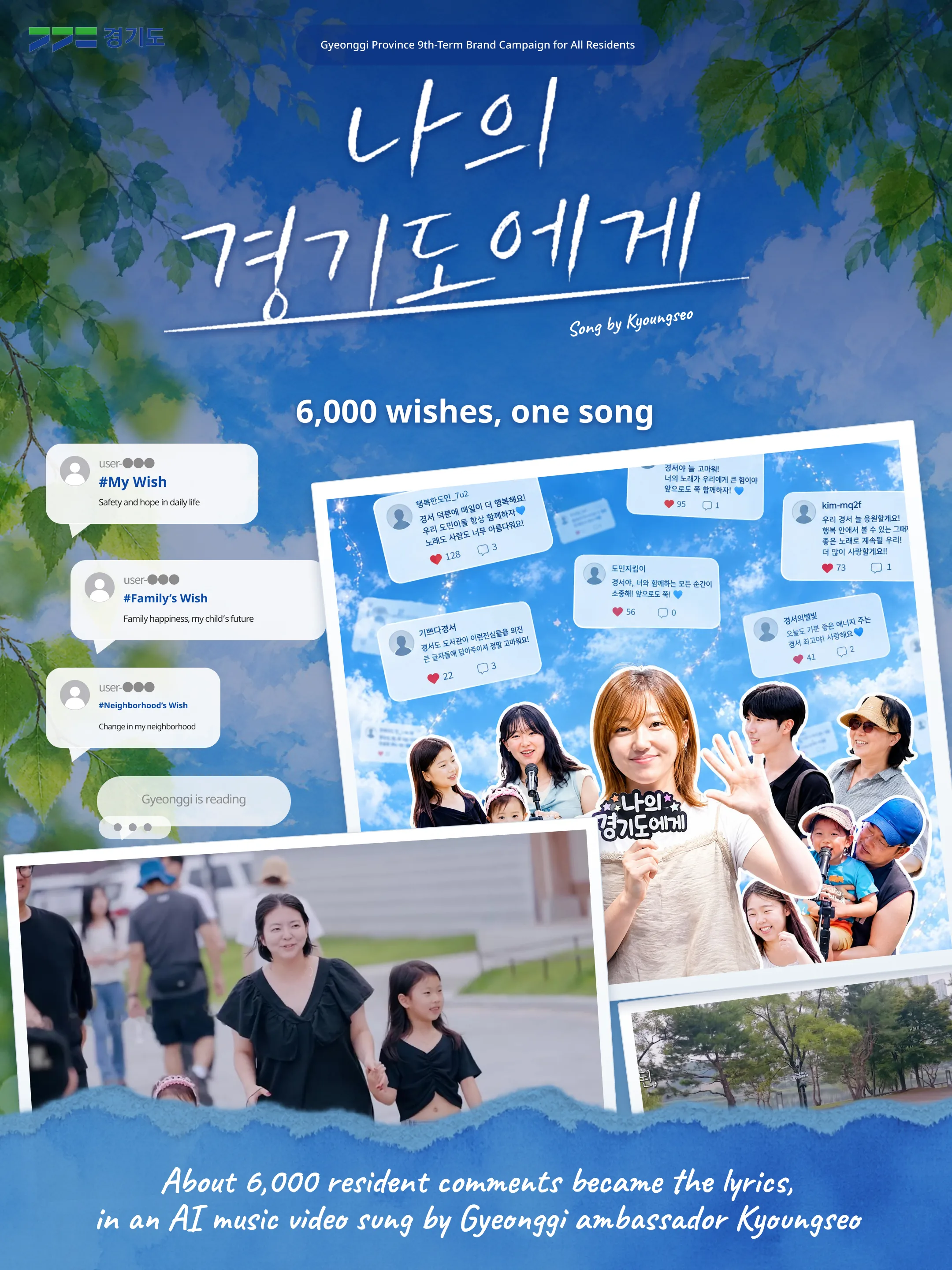 Gyeonggi Province 9th-Term Brand Campaign for All Residents / Song by Kyoungseo / 6,000 wishes, one song / Resident comment bubbles: #My Wish Safety and hope in daily life, #Family’s Wish Family happiness, my child’s future, #Neighborhood’s Wish Change in my neighborhood, “Gyeonggi is reading” / About 6,000 resident comments became the lyrics, in an AI music video sung by Gyeonggi ambassador Kyoungseo