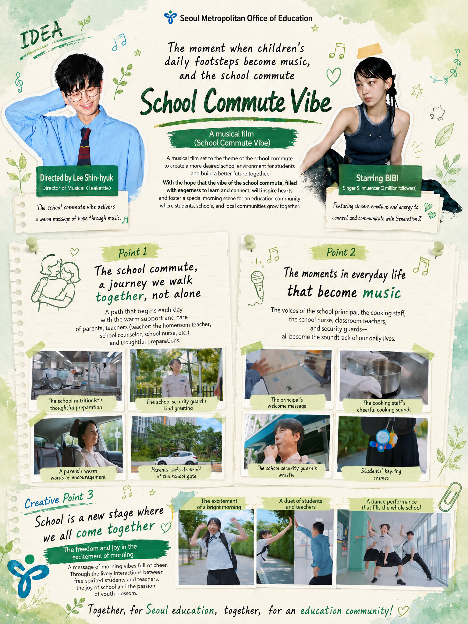 서울특별시교육청 등굣길 바이브 함께하는 서울교육, 하나되는 교육공동체 동굣길이 모두의 무대가 되는 뮤지컬 필름 교육 3주체의 회복과 협력을 등굣길에서 밝고 경쾌한 뮤지컬 필름으로 풀어낸 캠페인 학생 · 교직원 · 학