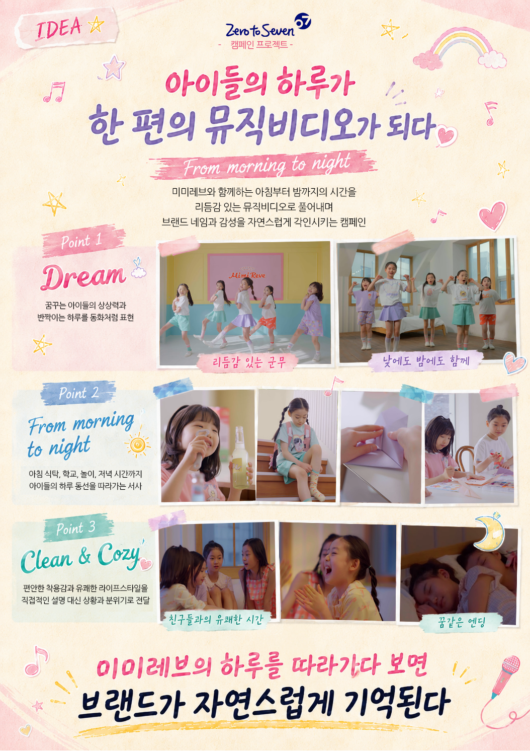 ZERO TO SEVEN 캠페인 프로젝트 IDEA 아이들의 하루가 한 편의 뮤직비디오가 되다 From morning to night 미미레브와 함께하는 아침부터 밤까지의 시간을 리듬감 있는 뮤직비디오로 풀어내며 브랜
