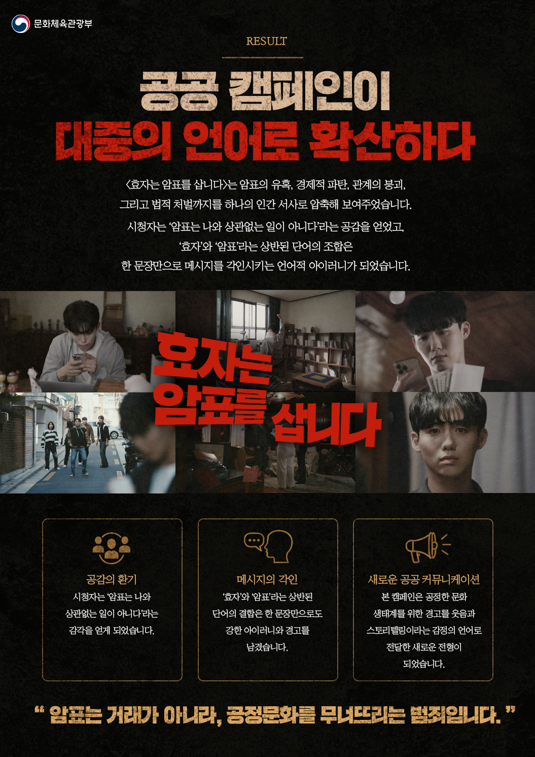 문화체육관광부 RESULT 공공 캠페인이 대중의 언어로 확산하다 〈효자는 암표를 삽니다〉는 암표의 유혹, 경제적 파탄, 관계의 붕괴, 그리고 법적 처벌까지를 하나의 인간 서사로 압축해 보여주었습니다. 시청자는 ‘암표