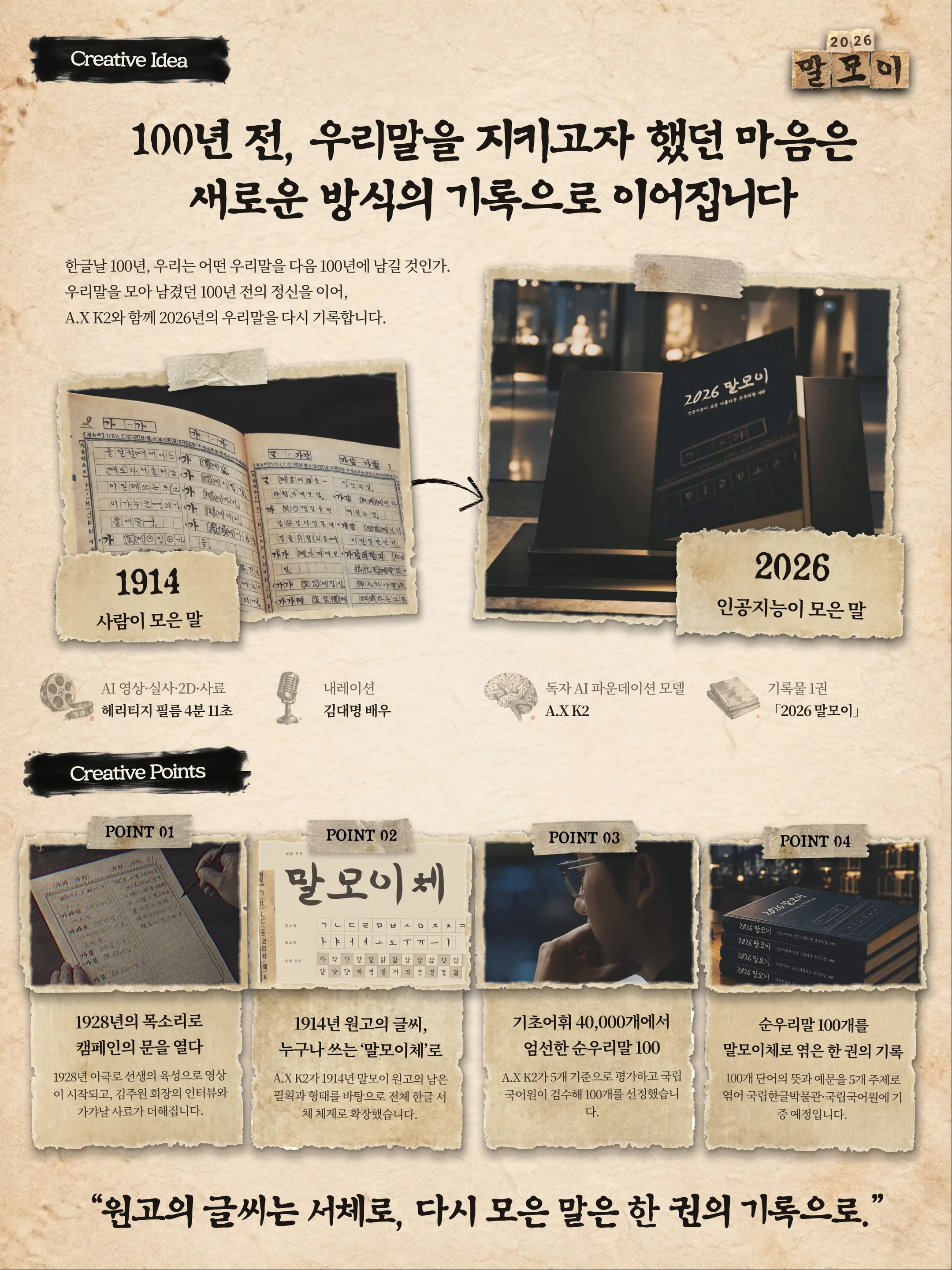 Creative Idea / 100년 전, 우리말을 지키고자 했던 마음은 새로운 방식의 기록으로 이어집니다 / 한글날 100년, 우리는 어떤 우리말을 다음 100년에 남길 것인가. 우리말을 모아 남겼던 100년 전의 정신을 이어, A.X K2와 함께 2026년의 우리말을 다시 기록합니다. / 2026 인공지능이 모은 말 · 1914 사람이 모은 말 / 헤리티지 필름 4분 11초(AI 영상·실사·2D·사료), 내레이션 김대명 배우, 독자 AI 파운데이션 모델 A.X K2, 기록물 1권 「2026 말모이」 / Creative Points / POINT 01 1928년의 목소리로 캠페인의 문을 열다: 1928년 이극로 선생의 육성으로 영상이 시작되고, 김주원 회장의 인터뷰와 가갸날 사료가 더해집니다. / POINT 02 1914년 원고의 글씨, 누구나 쓰는 ‘말모이체’로: A.X K2가 1914년 말모이 원고의 남은 필획과 형태를 바탕으로 전체 한글 서체 체계로 확장했습니다. / POINT 03 기초어휘 40,000개에서 엄선한 순우리말 100: A.X K2가 5개 기준으로 평가하고 국립국어원이 검수해 100개를 선정했습니다. / POINT 04 순우리말 100개를 말모이체로 엮은 한 권의 기록: 100개 단어의 뜻과 예문을 5개 주제로 엮어 국립한글박물관·국립국어원에 기증 예정입니다. / “원고의 글씨는 서체로, 다시 모은 말은 한 권의 기록으로.”