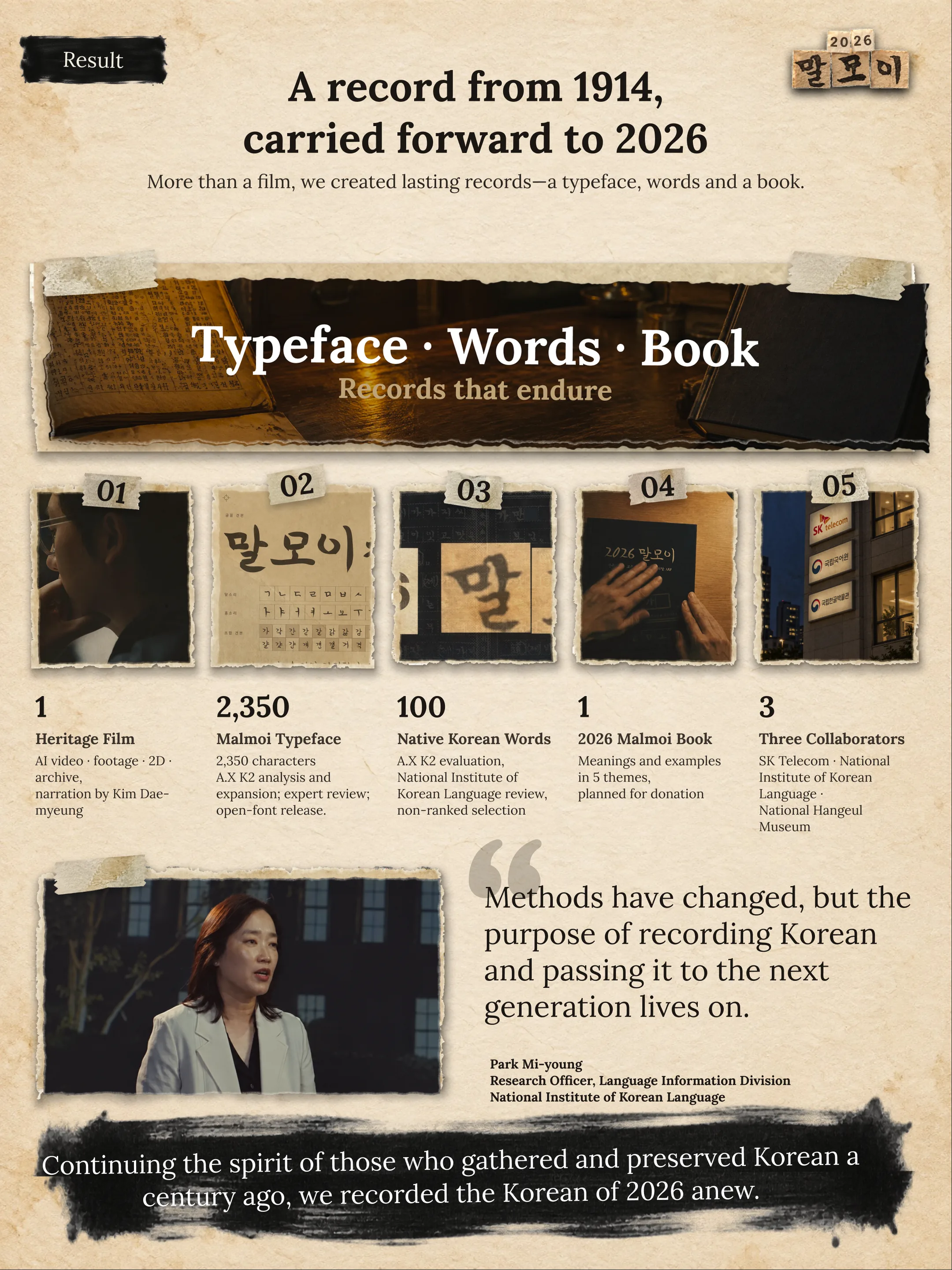 Result: A record from 1914, carried forward to 2026 / More than a film, we created lasting records—a typeface, words and a book. / Typeface · Words · Book: Records that endure / 01 Heritage Film (1): AI video · footage · 2D · archive, narration by Kim Dae-myeung / 02 Malmoi Typeface (2,350 characters): A.X K2 analysis and expansion; expert review; open-font release. / 03 Native Korean Words (100): A.X K2 evaluation, National Institute of Korean Language review, non-ranked selection / 04 2026 Malmoi Book (1): Meanings and examples in 5 themes, planned for donation / 05 Three Collaborators (3): SK Telecom · National Institute of Korean Language · National Hangeul Museum / “Methods have changed, but the purpose of recording Korean and passing it to the next generation lives on.” Park Mi-young, Research Officer, Language Information Division, National Institute of Korean Language / Continuing the spirit of those who gathered and preserved Korean a century ago, we recorded the Korean of 2026 anew.