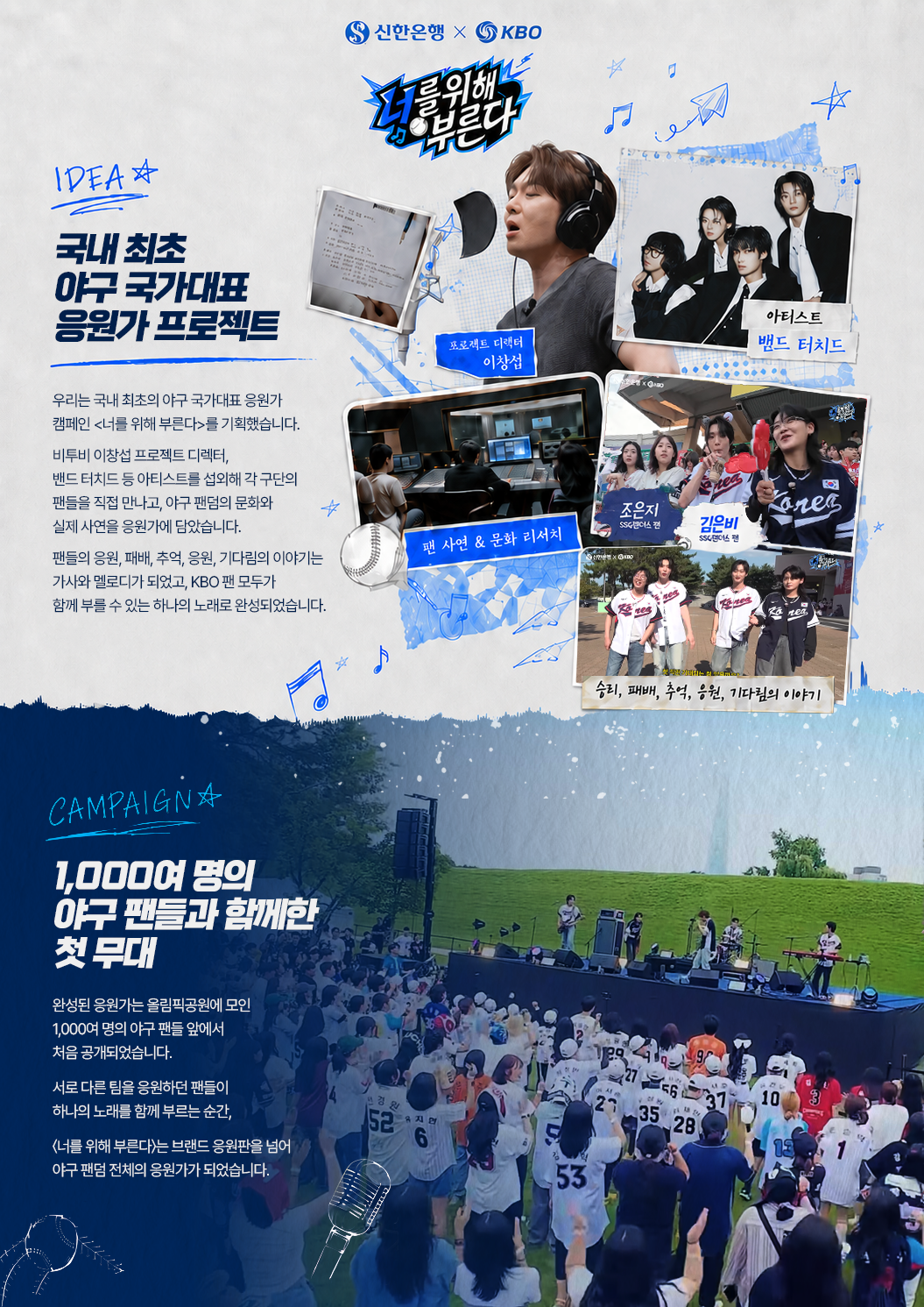 신한은행 X KBO 너를 위해 부른다 국내 최초 야구 국가대표 응원가 프로젝트 우리는 국내 최초의 야구 국가대표 응원가 캠페인 <너를 위해 부른다>를 기획했습니다. 비투비 이창섭 프로젝트 디렉팅, 밴드 터치드 등 아