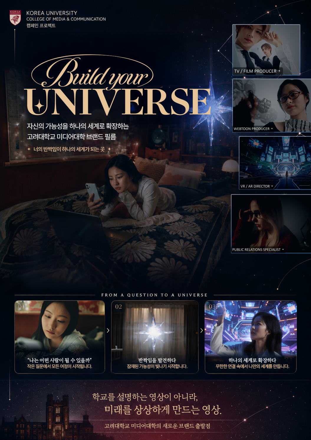 KOREA UNIVERSITY COLLEGE OF MEDIA & COMMUNICATION 캠페인 프로젝트 Build your UNIVERSE 자신의 가능성을 하나의 세계로 확장하는 고려대학교 미디어대학 브랜드 필름 