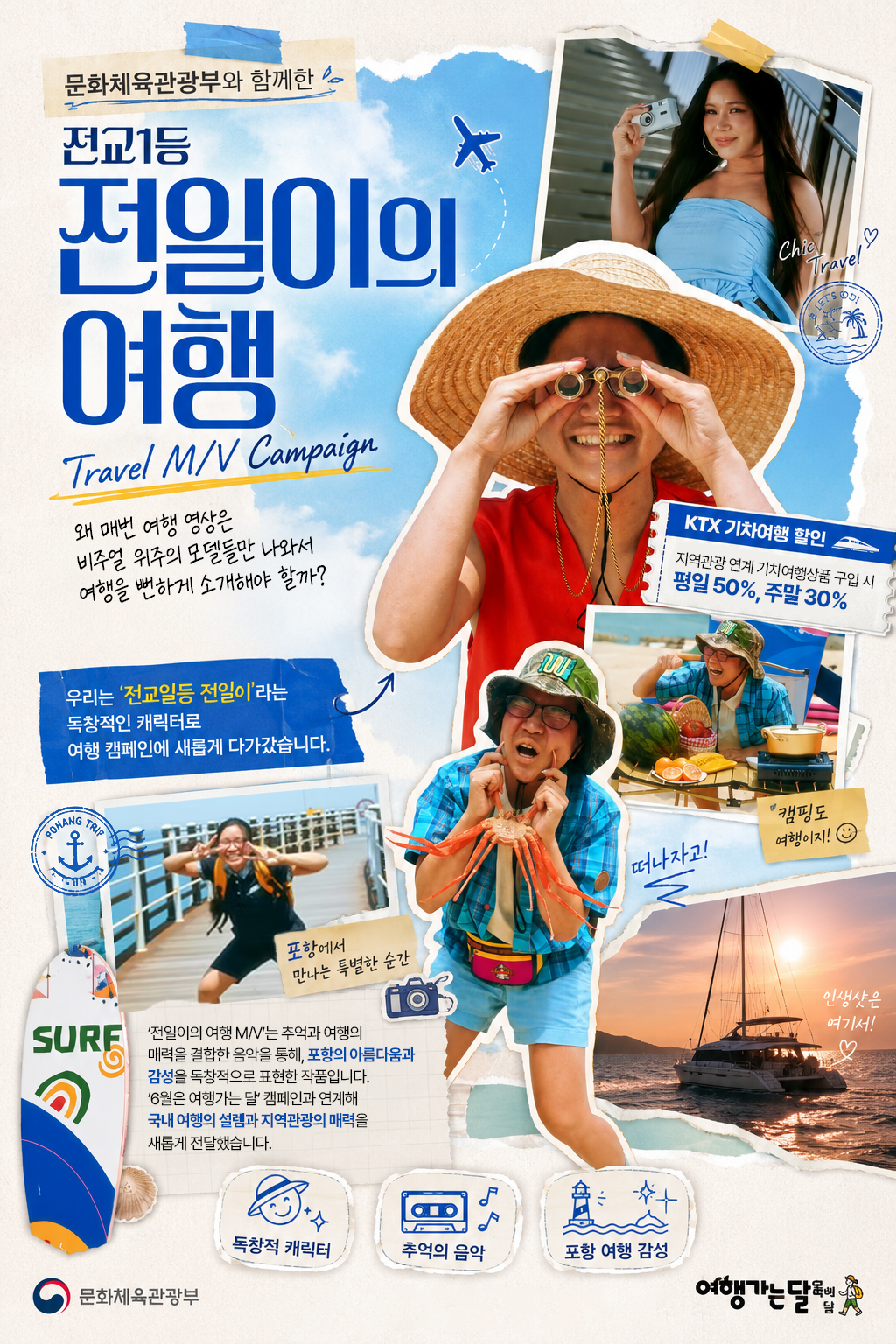 문화체육관광부와 함께한 전교1등 전일이의 여행 Travel M/V Campaign 왜 매번 여행 영상은 예쁘고 잘생긴 사람들만 나와서, 여행을 뻔하게 소개해야 할까? 우리는 ‘전교일등 전일이’라는 독창적인 캐릭터로 