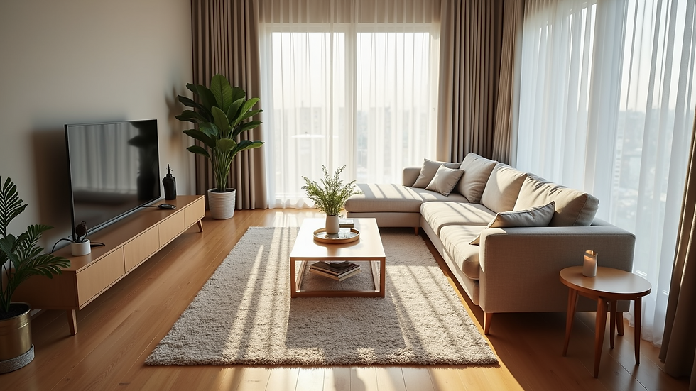 High angle view of modern living room with wood flooring and area rug