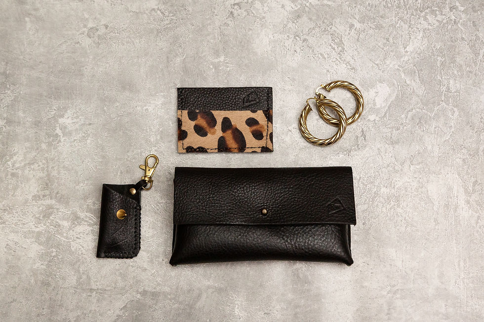 Thumbnail: leopard print card wallet, gold hoop earrings, large leather purse and lighter fob bag clip