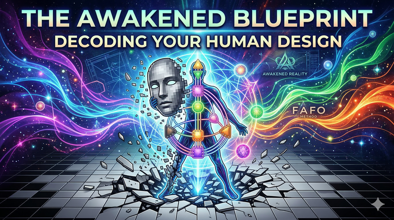 A vibrant, high-contrast graphic titled 'The Awakened Blueprint: Decoding Your Human Design.' 
