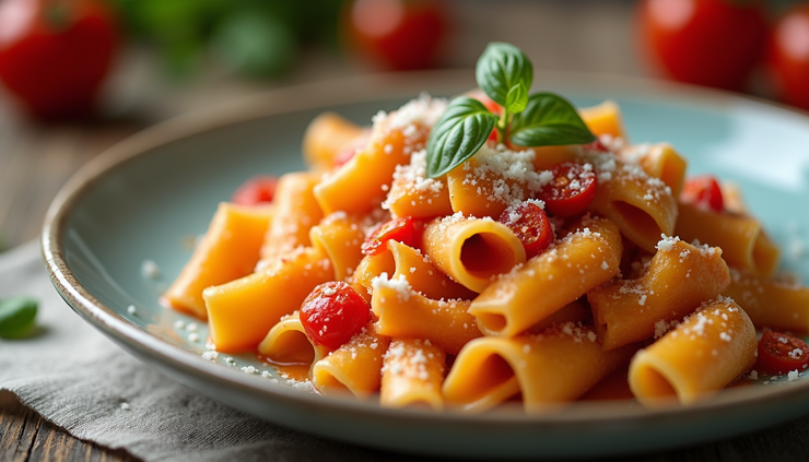 Vue rapprochée d’un plat de rigatoni à la crème de tomates séchées avec Stracciatella et Taralli