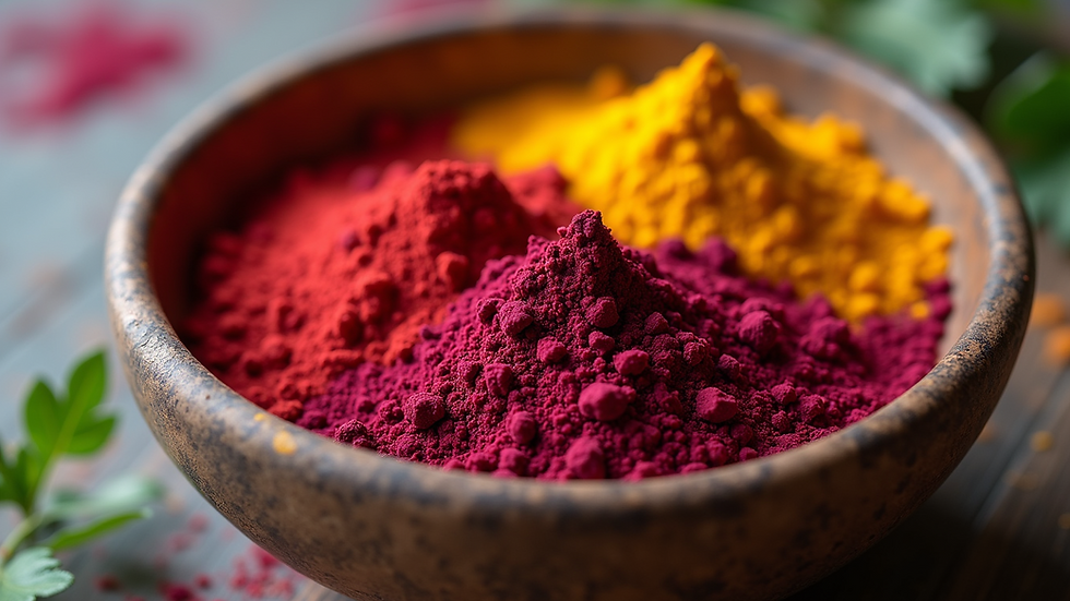 Close-up view of a bowl filled with colorful natural face paint ingredients