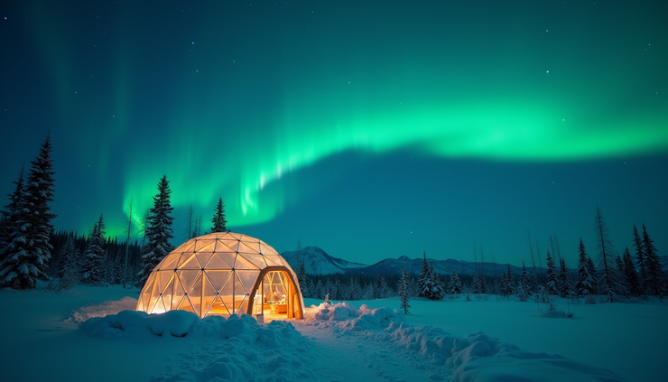 Eye-level view of a glass igloo under the Northern Lights in Fairbanks, Alaska